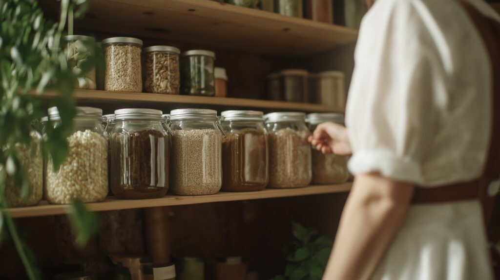Showcasing eco-friendly retail, this scene captures shelves lined with glass jars filled with bulk goods in a zero waste store. it emphasizes sustainable living, conscious consumption, and innovative retail solutions.
